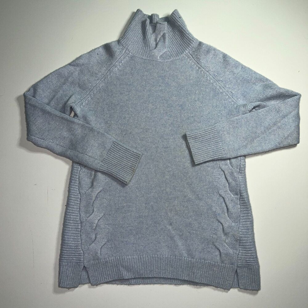 Garnet Hill 100% Cashmere Turtleneck Sweater Womens XS Light Blue Cable Knit